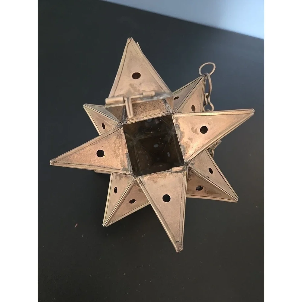 Vtg. Moravian Star Pierced Metal Votive Candle Pendant Hanging Light 6